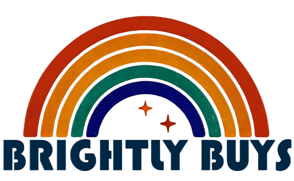 Logo of Brightly Buys featuring a colorful rainbow with orange, yellow, green, and blue arches above the text 'BRIGHTLY BUYS' in bold, dark blue letters.