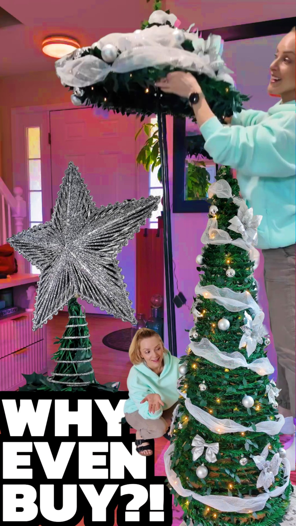 Jess setting up the Sto'sense pop up Christmas tree with the star topper